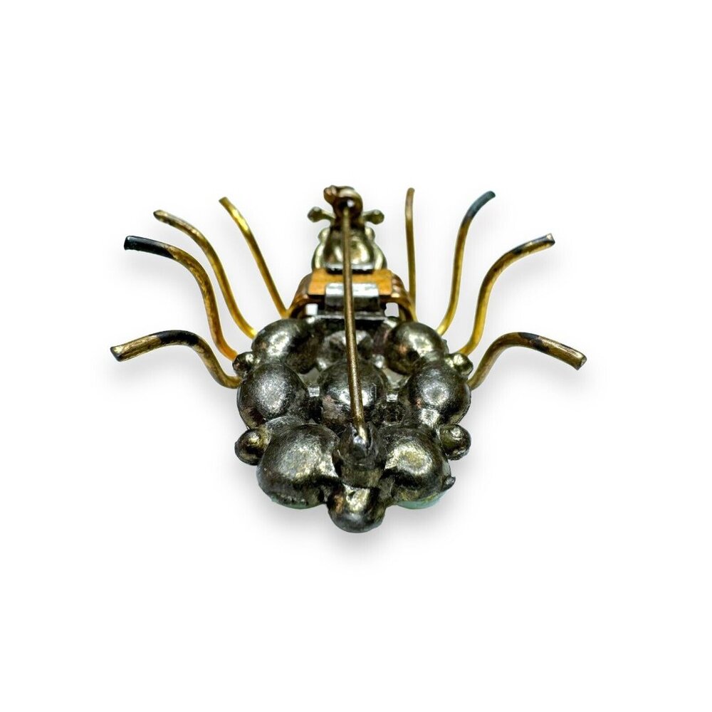 Art Nouveau Jadeite Brass Spider Brooch Green Crystal - Picture 6 of 16